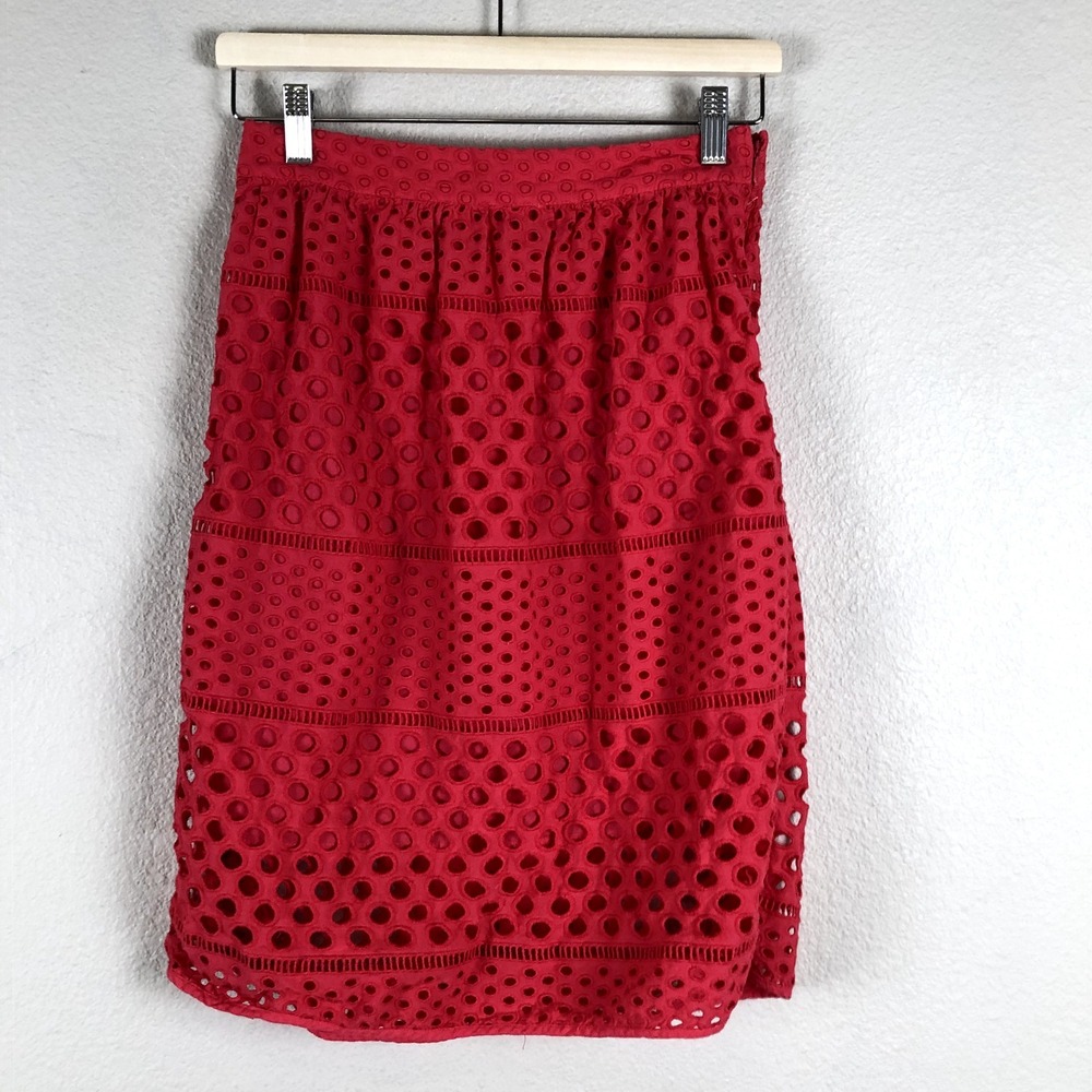 Ann Taylor Loft Skirt Womens 0 Red Cotton Eyelet Pleated Pencil Casual Workwear